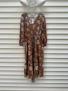 LOFT Brown Floral V-Neck Midi Dress with Drawstring Waist